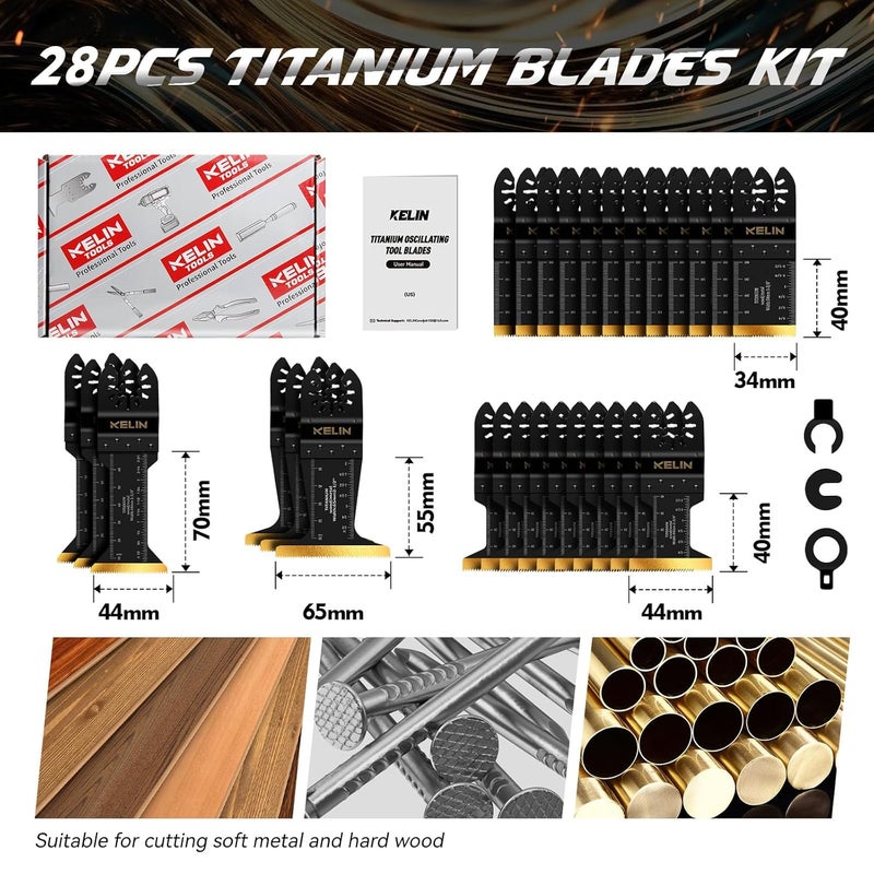 KELIN 28PCS Titanium Multitool Blades Kit, 4 Sizes Oscillating Tool Saw Blades Set for Metal and Wood Detail Cutting, Fit Bosch Fein Milwaukee Ryobi Dewalt - Image 5